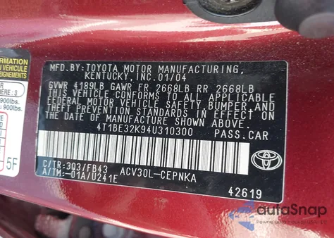 2004 Toyota Camry Le from USA, damaged, VIN 4T1BE32K94U310300